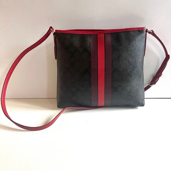 COACH Signature Leather Racing Stripe, Brown and Red, Crossbody VALENTINE’S DAY - Picture 11 of 16
